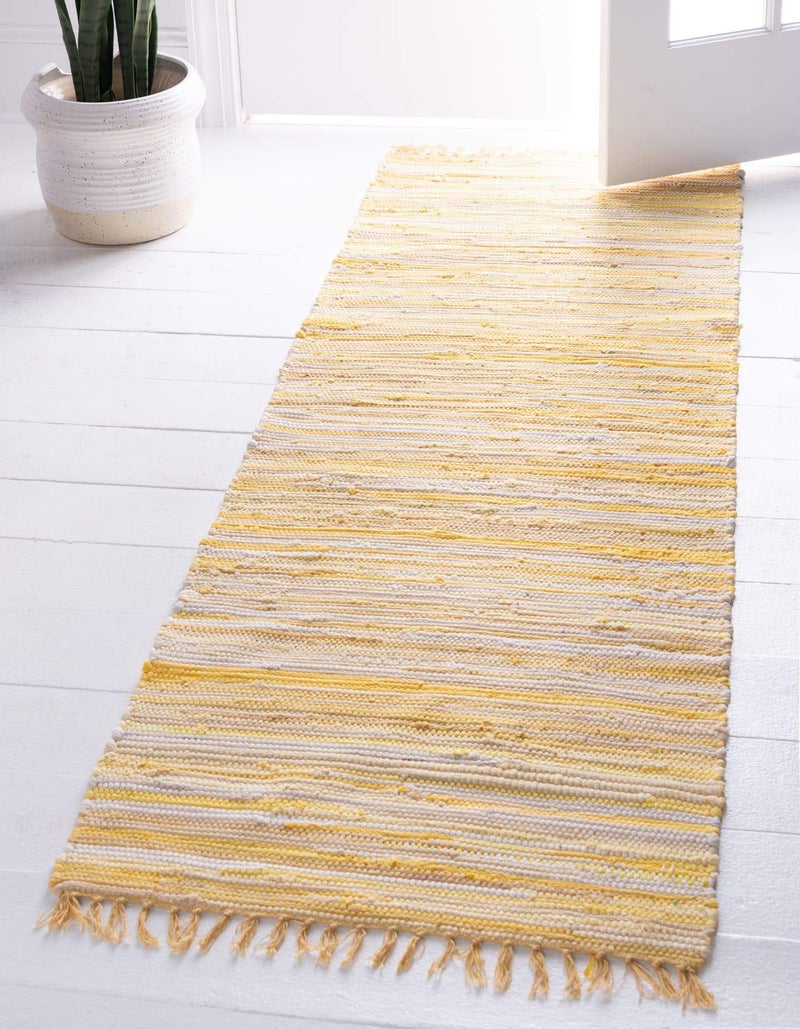 Unique Loom Chindi Cotton Collection Soft Hand Woven Natural Fiber Striped Area Rug, 2 ft 7 in x 9 ft 10 in, Yellow/Ivory - Image 1