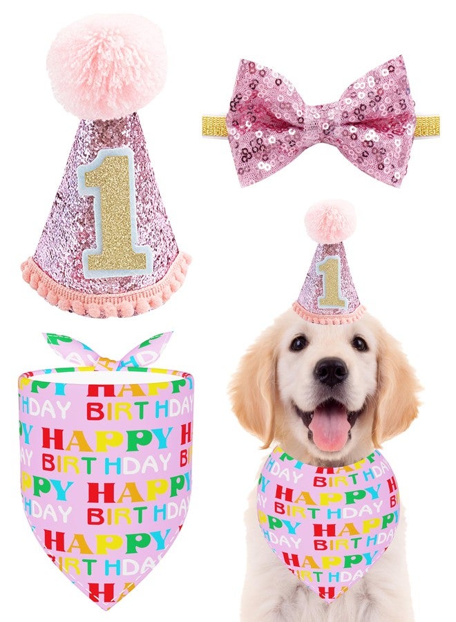 PET SHOW 3 Pack Dog 1st Birthday Hats and Bandana Bowtie Set for Small Dogs Girl Puppy Cats 1-Year-Old Photo Props Holiday Party Costume Grooming Accessories (Pink) - Image 1