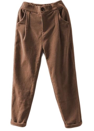 Minibee Women's Cropped Corduroy Pants Elastic Waist Retro Trouser with Pockets Brown - Image 3