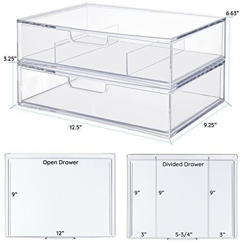 STORi STAX Plastic Stackable Organizer Drawers (Set of 2) Clear | 12.5" Wide | Set Includes One Open Drawer & One Divided Drawer | Organize Office Desk Accessories & Sort Paper | Made in USA - Image 5
