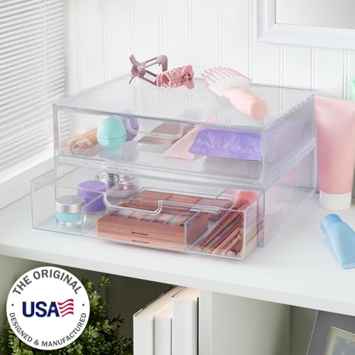 STORi STAX Plastic Stackable Organizer Drawers (Set of 2) Clear | 12.5" Wide | Set Includes One Open Drawer & One Divided Drawer | Organize Office Desk Accessories & Sort Paper | Made in USA - Image 2