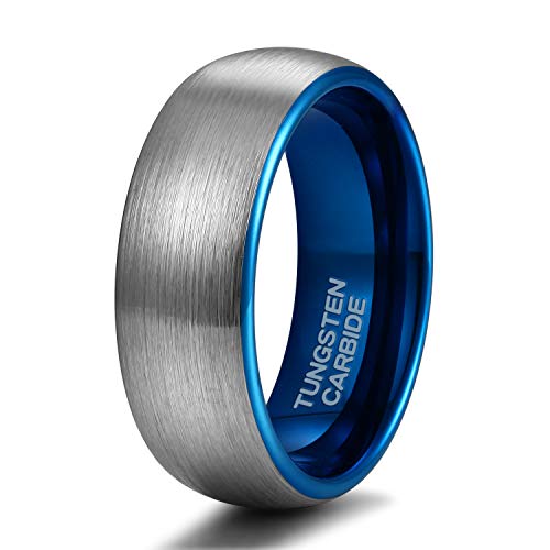 TRUMIUM 8mm Tungsten Carbide Wedding Ring Band for Him and Her Silver Blue Two Tone Brushed Comfort Fit Size 8.5 - Image 1