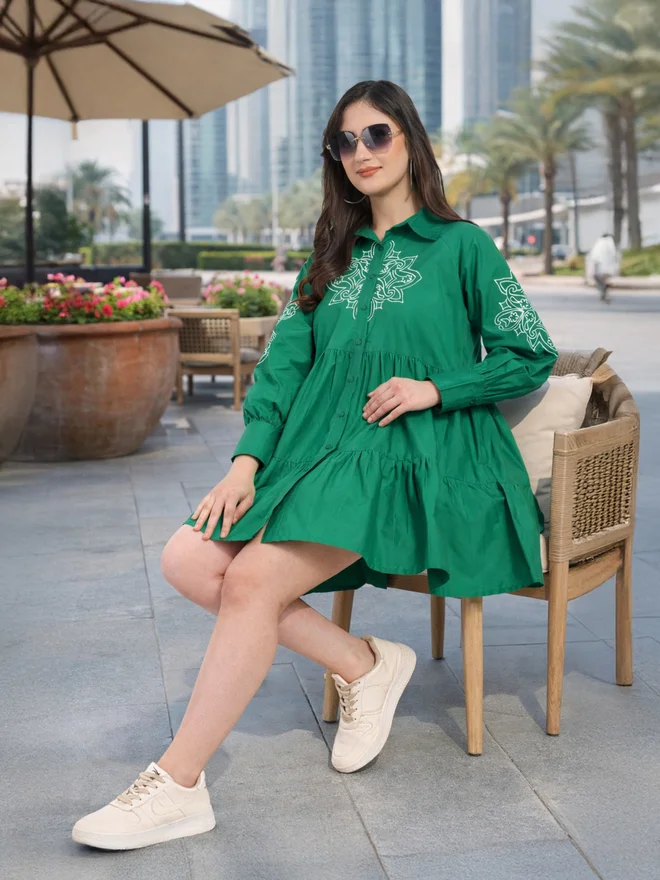 HOUSE OF RAELI Green Cotton Poplin Shirt Mini Dress