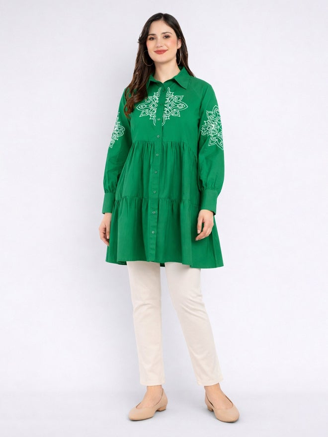 HOUSE OF RAELI Green Cotton Poplin Shirt Mini Dress - Image 2