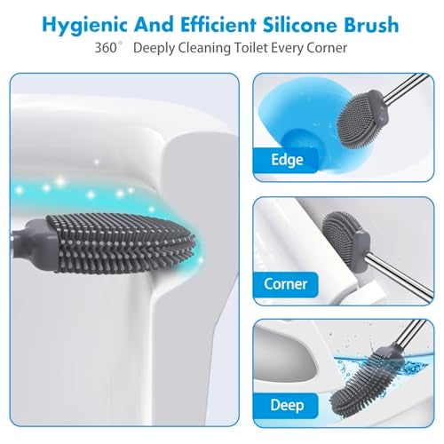 TRENTI Toilet Brush Silicone Toilet Brush and Holder Set Flexible Toilet Bowl Brush Head with Ventilated Holder Wall Mounted Compact Toilet Scrubber Set for Bathroom Cleaning 1 White - Image 3