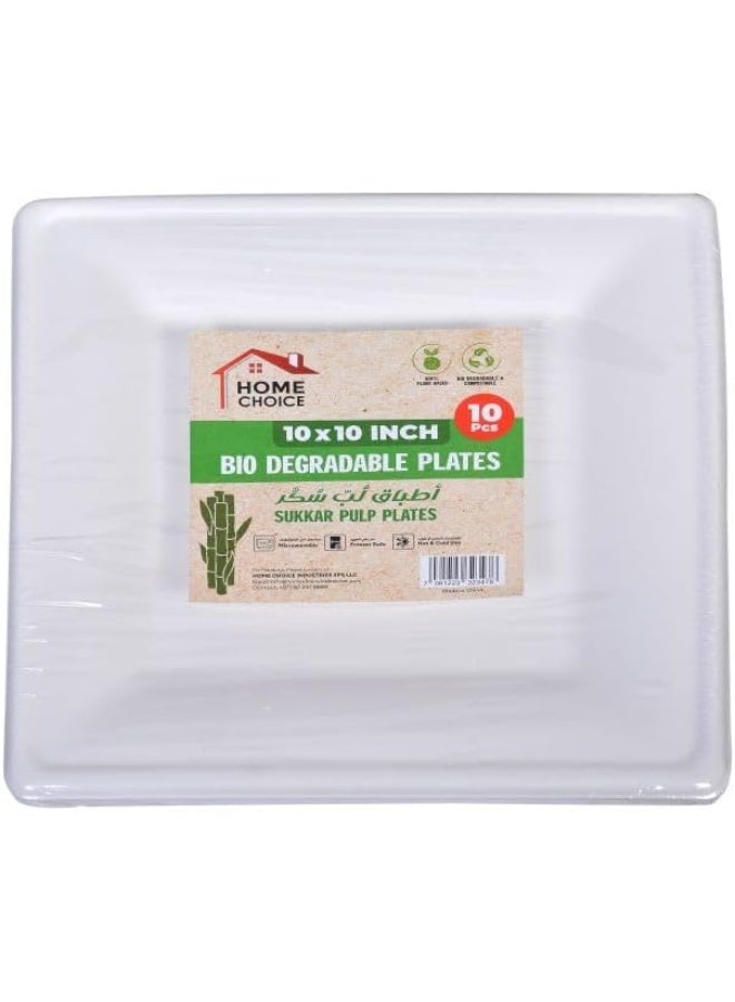 HOME CHOICE 10-Pieces Plates, 10 x 10 Size, Disposable Square Sugar Cane Plate - Image 1