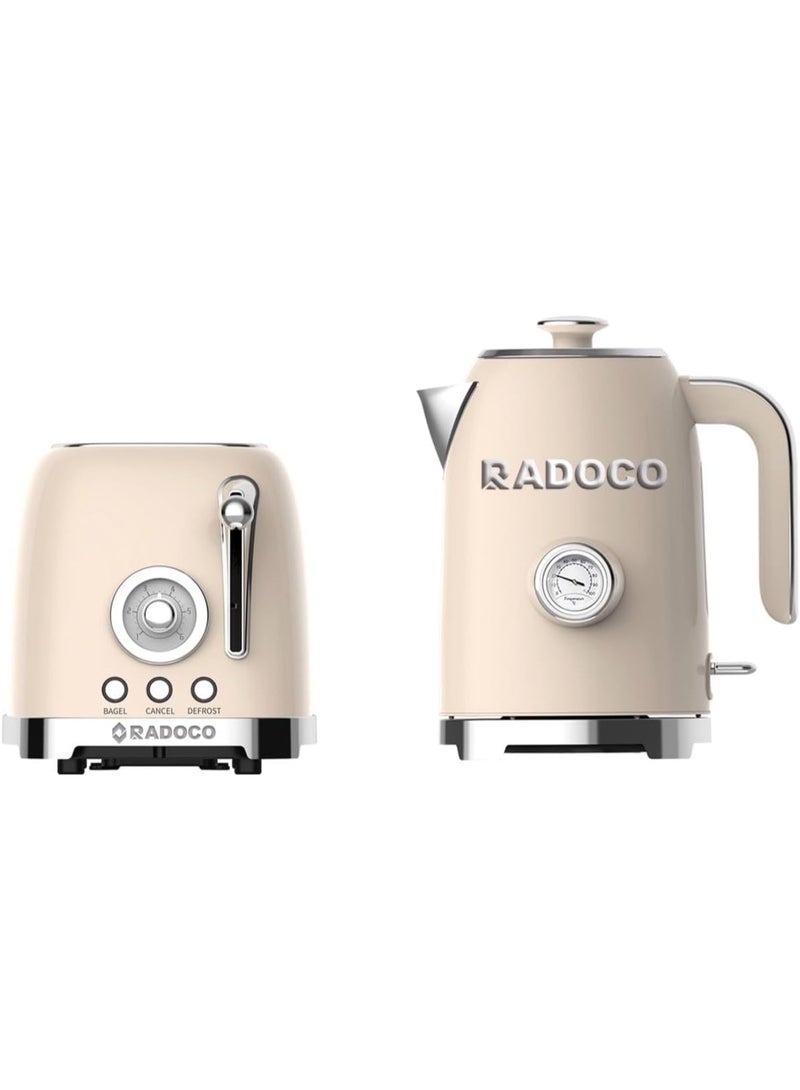 Radoco Retro Style Kettle & Toaster Combo, 1.7L Stainless Steel Kettle with Detachable Filter & Auto Shut-Off, 800W 2-Slice Toaster with Defrost - Image 1