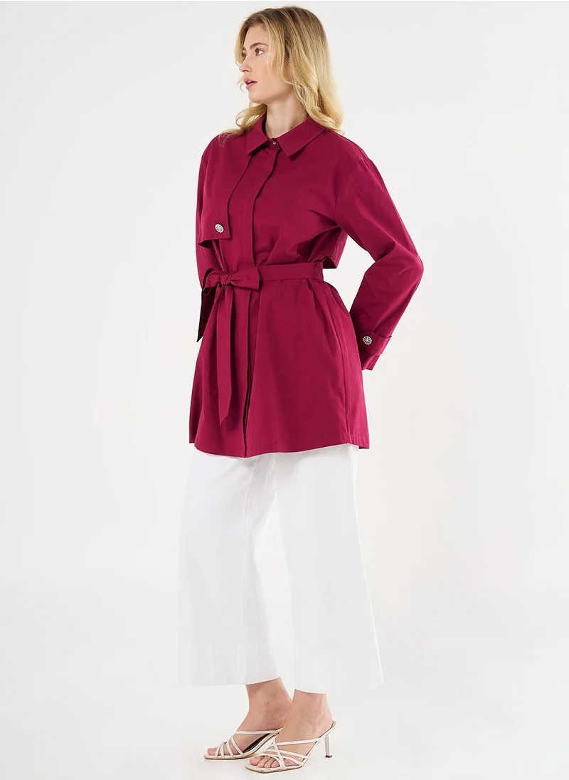 Kayra Shiny Button-Detail Cotton Tunic - Cherry