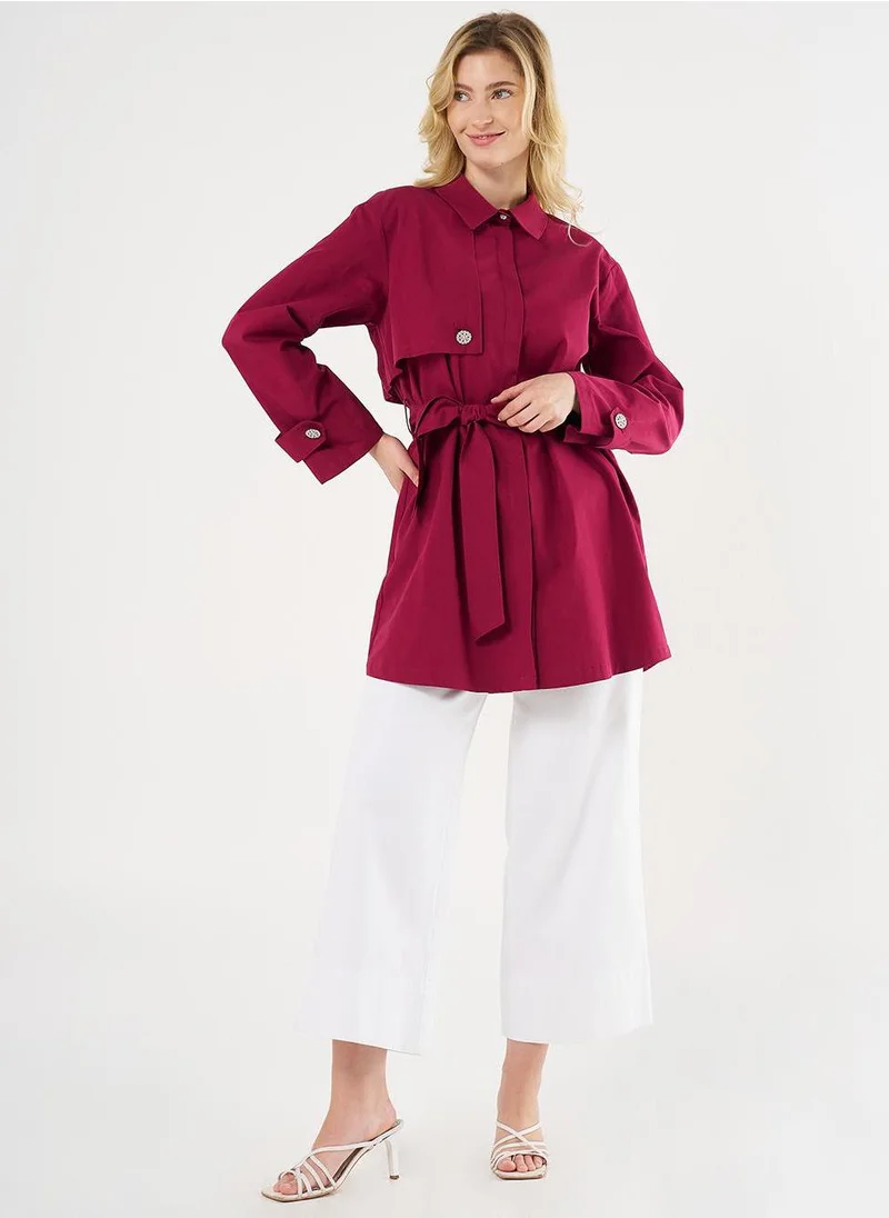 Kayra Shiny Button-Detail Cotton Tunic - Cherry