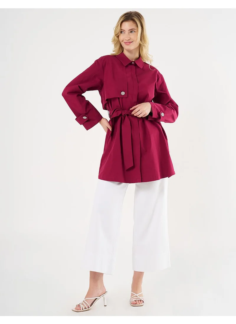 Kayra Shiny Button-Detail Cotton Tunic - Cherry