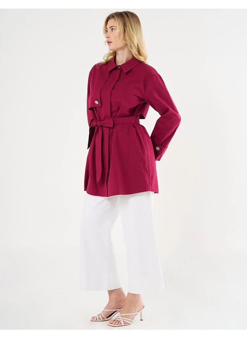 Kayra Shiny Button-Detail Cotton Tunic - Cherry