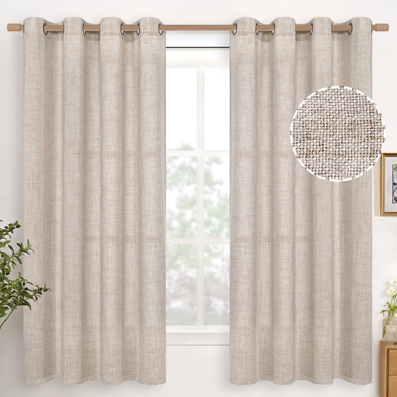 YoungsTex Linen Semi Sheer Curtains 63 Inch Length 2 Panels for Living Room - Light Filtering Drapes with Bronze Grommet Beige Window Treatments for Country Office Bedroom, 52 X 63 Inch - Image 1