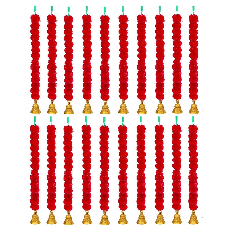 iHandikart iHandikart Artificial Fluffy Marigold Garland with Golden Bell in The Bottom Used for Diwali Decorations Colour Red Pack of 20 HV31533  - Image 1