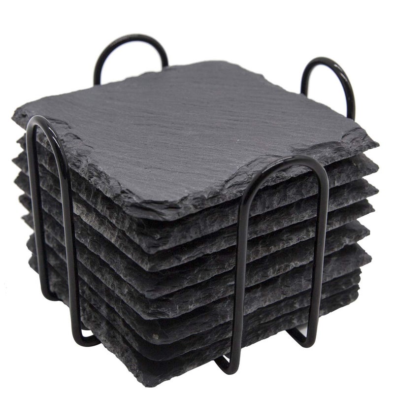 Slate Drink Coasters with Metal Holder GOH DODD Set of 8 Black Coasters 4 Inch Stone Coaster Set Coffee Table Decor Tabletop Protection for Home Kitchen Housewarming Gifts Wedding Party Square