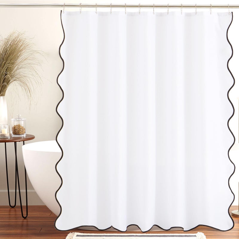 ORTIGIA White Shower Curtain with Black Scalloped Edge Black and White Cute Preppy Scallop Shower Curtains Pretty Aesthetic Waterproof Fabric Bath Bathroom Decor with Metal Hook 72 W x 72 H Inch - Image 1