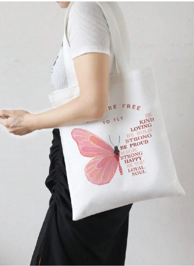 Shein Reversible Butterfly & Slogan Graphic Linen Shopper Bag  - Image 1