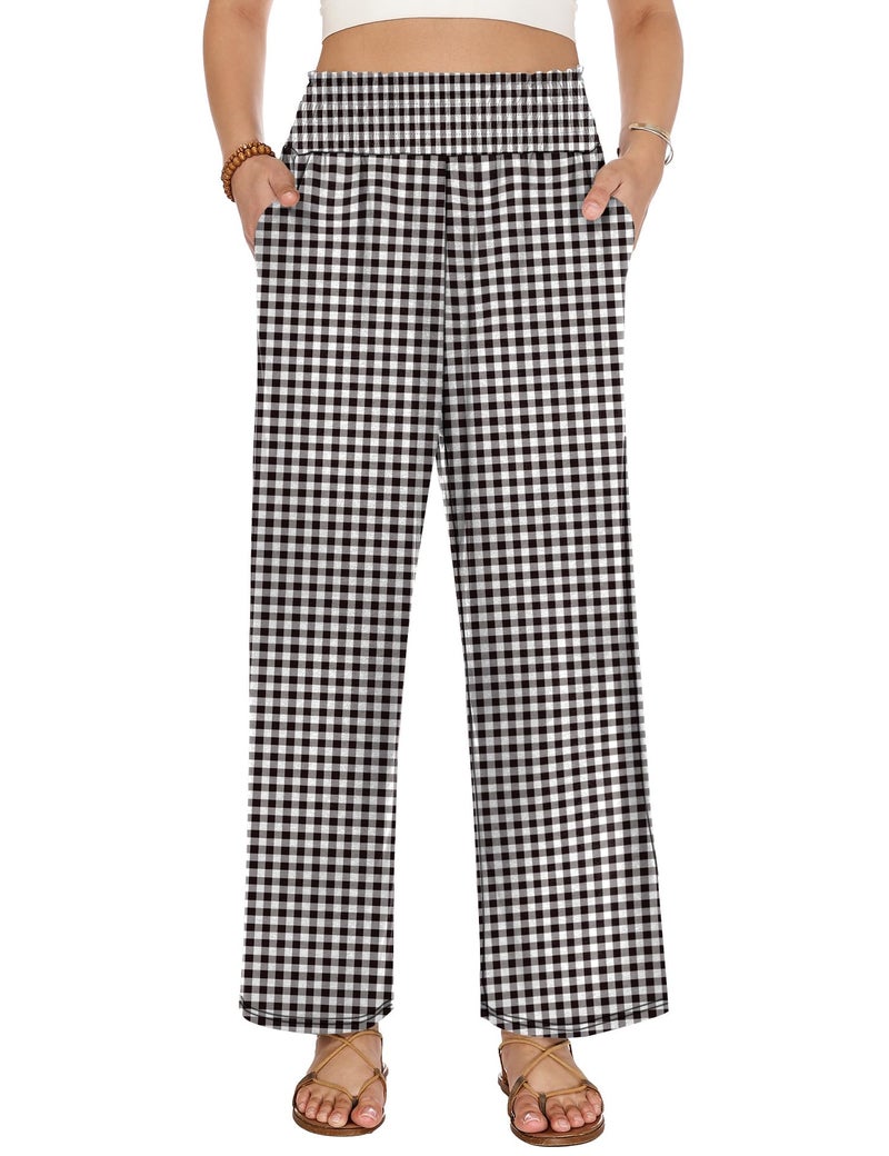 LOMON Palazzo Pants for Women Casual Wide Leg Summer Flowy Pants Beach Vacation Clothes 2026 Boho Travel Lounge Trousers with Pockets Black White Plaid - Image 2