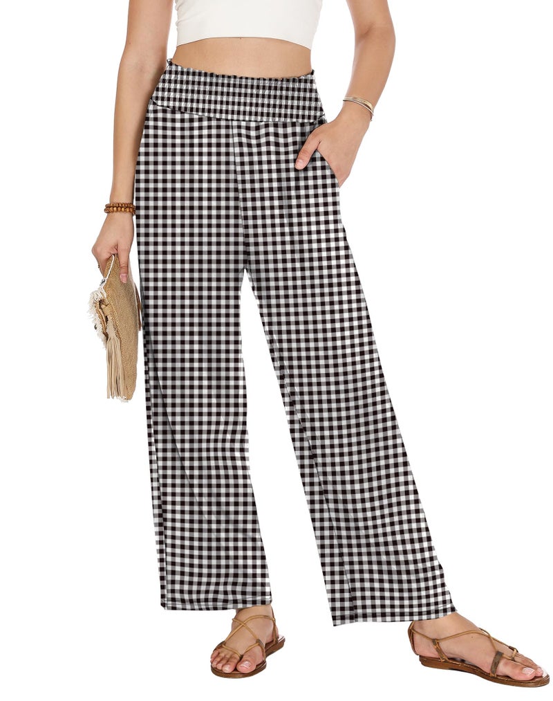 LOMON Palazzo Pants for Women Casual Wide Leg Summer Flowy Pants Beach Vacation Clothes 2026 Boho Travel Lounge Trousers with Pockets Black White Plaid - Image 5