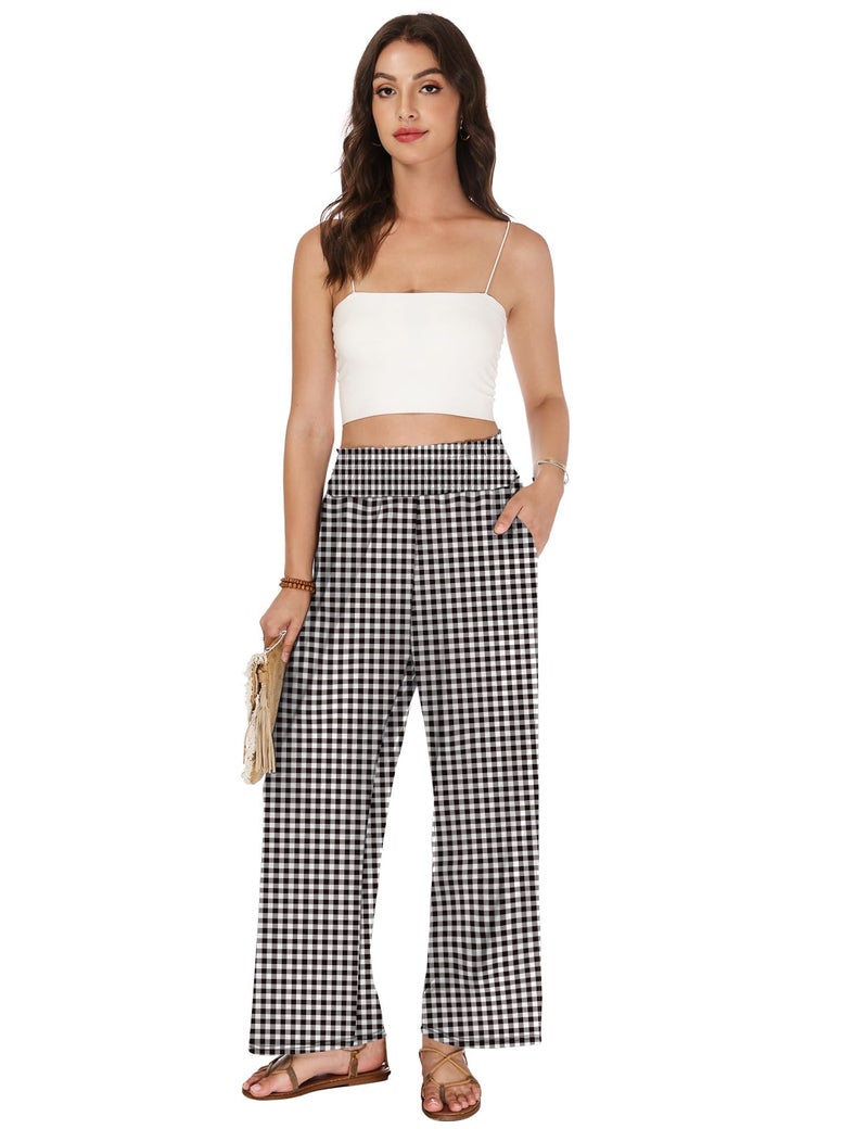 LOMON Palazzo Pants for Women Casual Wide Leg Summer Flowy Pants Beach Vacation Clothes 2026 Boho Travel Lounge Trousers with Pockets Black White Plaid - Image 3
