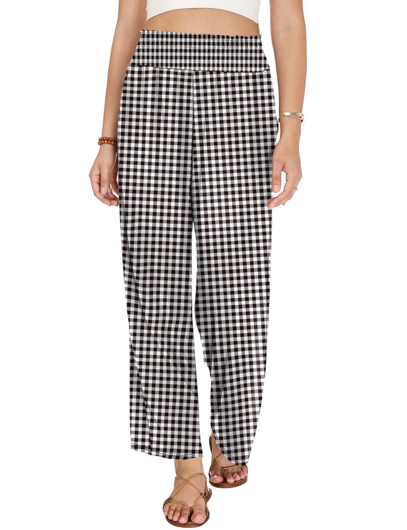 LOMON Palazzo Pants for Women Casual Wide Leg Summer Flowy Pants Beach Vacation Clothes 2026 Boho Travel Lounge Trousers with Pockets Black White Plaid - Image 4