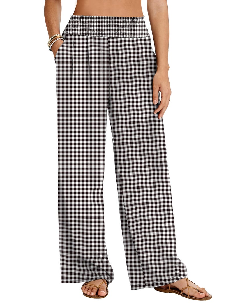 LOMON Palazzo Pants for Women Casual Wide Leg Summer Flowy Pants Beach Vacation Clothes 2026 Boho Travel Lounge Trousers with Pockets Black White Plaid - Image 1