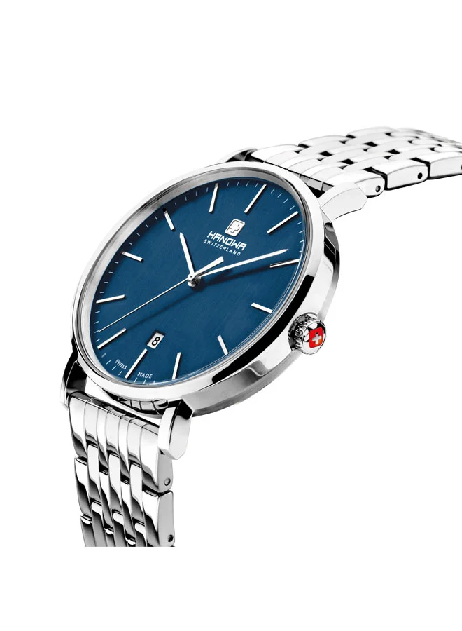 هانوا ساعة بريسن للرجال بقرص أزرق وسوار فضي من الستانلس ستيل بعقارب  مم