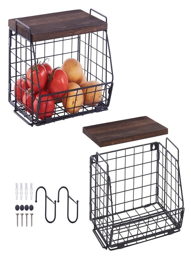 LIGHT DUST Wall Storage Hanging Baskets 2 Pack - Large Wooden Top Wire Basket Organizers & S Hooks - Assemble Floating Shelves Racks for Pantry Kitchen Office Bathroom Garage Organization - Image 1