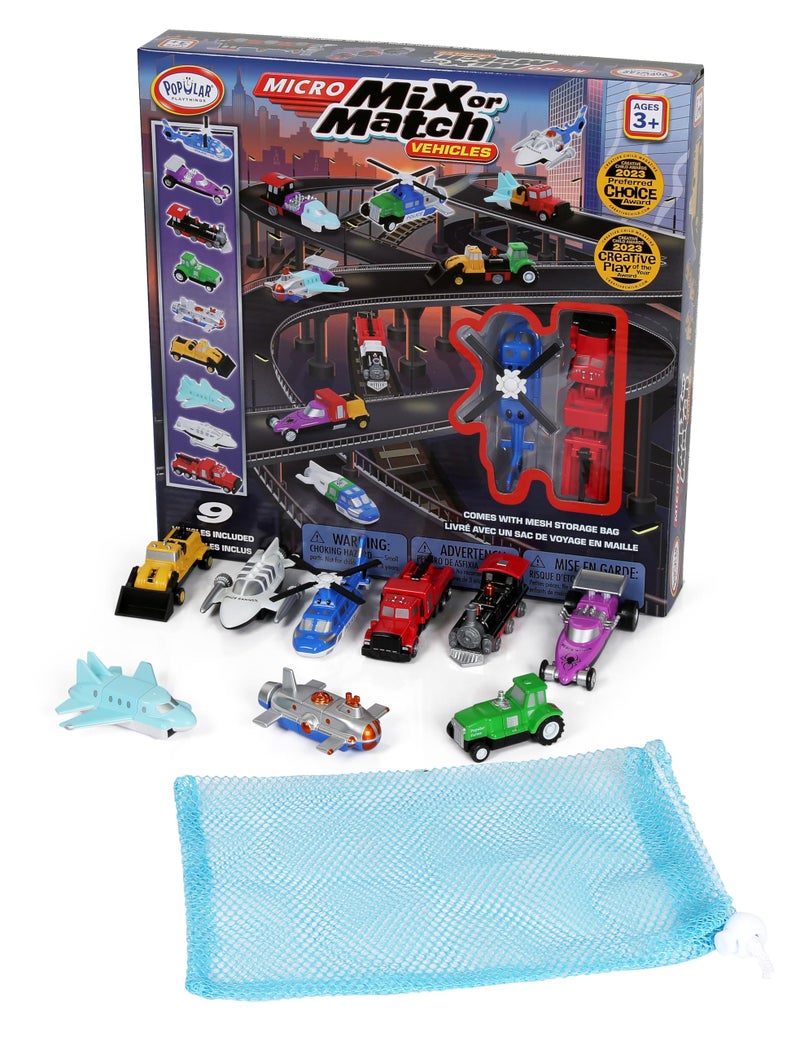 Popular Playthings Micro Mix or Match Vehicles Deluxe Set of 9 Toy Cars Planes and More - Image 1