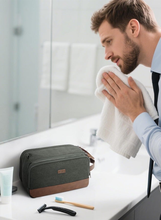 WANDF Toiletry Bag for Men Travel Toiletry Organizer Canvas and Leather Dopp Kit Water-Resistant Shaving Bag for Travel Accessories (Green, Patent Pending) - Image 5