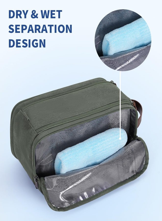 WANDF Toiletry Bag for Men Travel Toiletry Organizer Canvas and Leather Dopp Kit Water-Resistant Shaving Bag for Travel Accessories (Green, Patent Pending) - Image 2