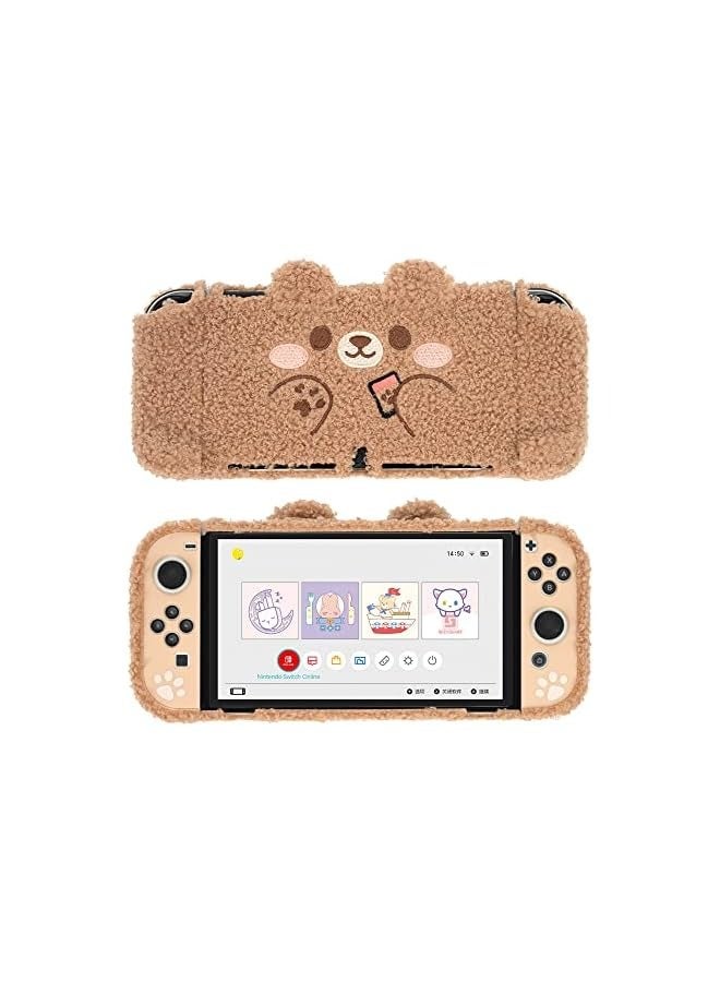 PROMASS Cute Plush Protective Case Cover Compatible with Nintendo Switch OLED Console and Joy Con - Shock-Absorption and Anti-Scratch Skin Case for OLED Switch - Plush Bear - Image 1