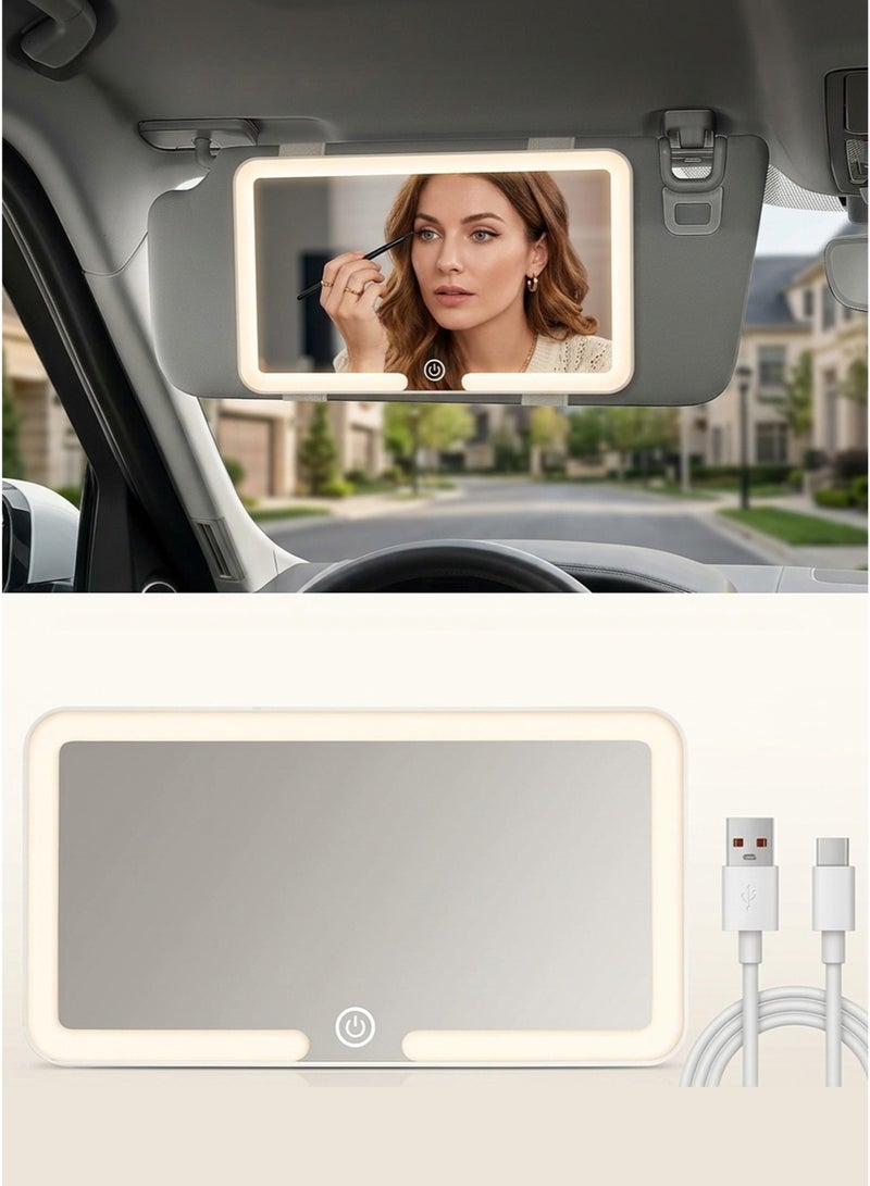 JoyousSto Universal Car Sun Visor Vanity Mirror with LED Lights & Touch Dimming, Rechargeable Makeup Mirror with 3 Color Modes for Women, Car Mirror Accessories, White - Image 1
