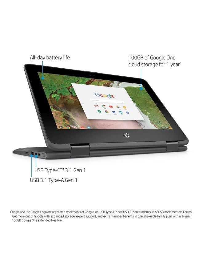 HP كروم بوك x360-11-ae040nr قابل للتحويل 2 في 1 بشاشة مقاس 11.6 بوصة بمعالج سيليرون N3350 وذاكرة رام 4 جيجابايت وبطاقة ذاكرة eMMC بمحرك سعة 32 جيجابايت وبطاقة رسومات إنتل 500 بدقة عالية الوضوح ونظام تشغيل OS بإصدار عالمي اللغة الإنجليزية فضي - Image 4
