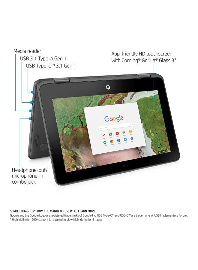 HP كروم بوك x360-11-ae040nr قابل للتحويل 2 في 1 بشاشة مقاس 11.6 بوصة بمعالج سيليرون N3350 وذاكرة رام 4 جيجابايت وبطاقة ذاكرة eMMC بمحرك سعة 32 جيجابايت وبطاقة رسومات إنتل 500 بدقة عالية الوضوح ونظام تشغيل OS بإصدار عالمي اللغة الإنجليزية فضي - Image 3