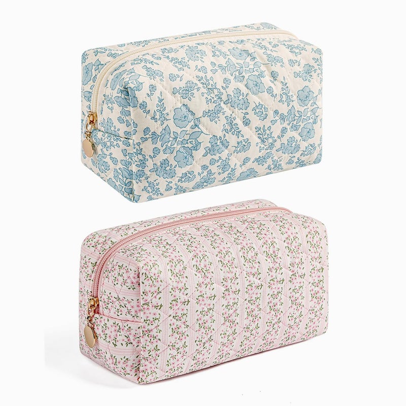 WHHJM Cute Floral Makeup Bag Small Cotton Quilted Cosmetic Bag Aesthetic Essential Bag Emergency Bag Gift for Women Girls Travel Accessories Two Pack Blue Pink Floral - Image 2