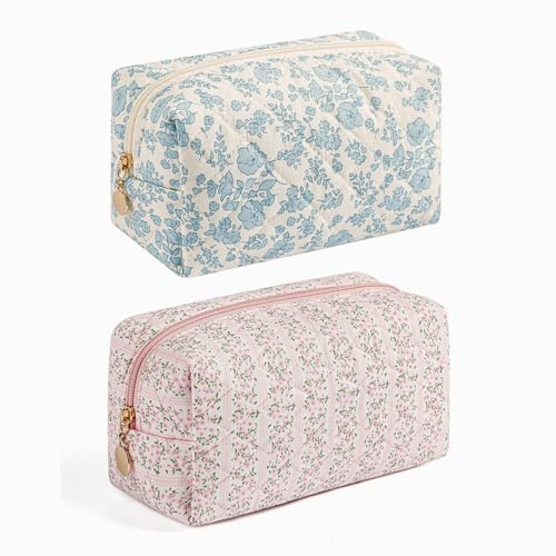 WHHJM Cute Floral Makeup Bag Small Cotton Quilted Cosmetic Bag Aesthetic Essential Bag Emergency Bag Gift for Women Girls Travel Accessories Two Pack Blue Pink Floral - Image 1