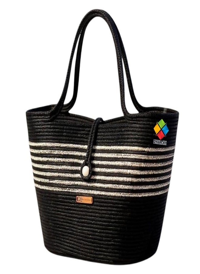 DYARCHY Woven Straw Beach Tote Bag, Cotton Rope Handle with Button Closure (BLACK) - Image 1