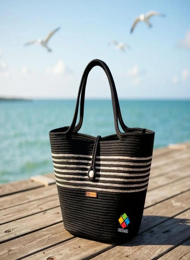 DYARCHY Woven Straw Beach Tote Bag, Cotton Rope Handle with Button Closure (BLACK) - Image 3