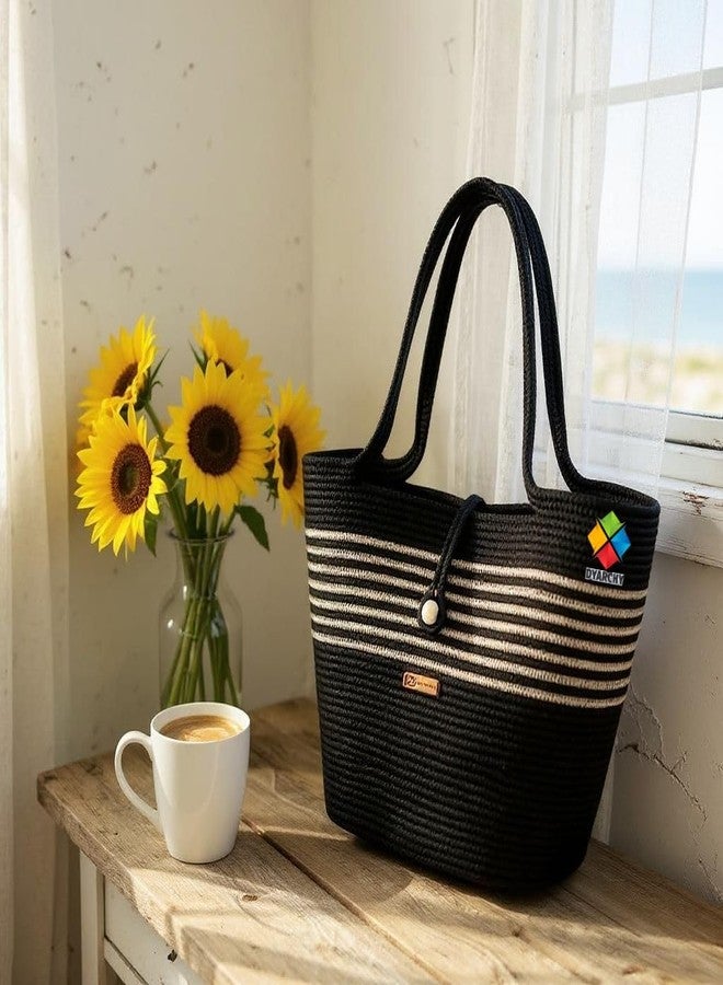 DYARCHY Woven Straw Beach Tote Bag, Cotton Rope Handle with Button Closure (BLACK) - Image 4