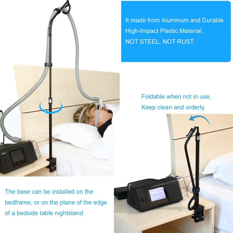 LONYEON حامل خرطوم LONYEON CPAP - قابل للتعديل في الارتفاع، قابل للإزالة والطوي - حامل دعم الخرطوم يوفر جانبين للتثبيت يمنع التشابك، الانسداد والتسرب، أسود - Image 2