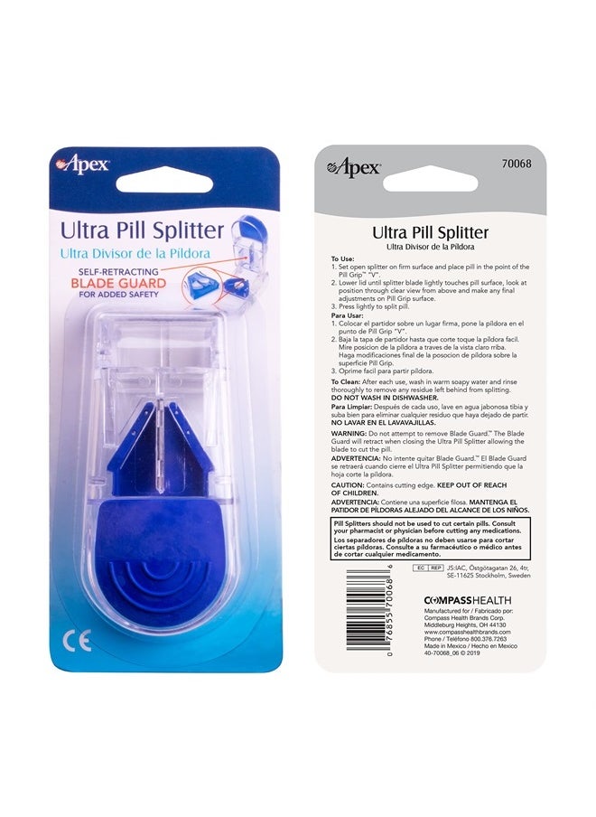 APEX - Ultra Pill Cutter - Pill Splitter With Retracting Blade Guard - For Cutting Small Pills or Large Pills In Half, Blue/Green and Clear, 1 Count, Assorted Colors - Image 1
