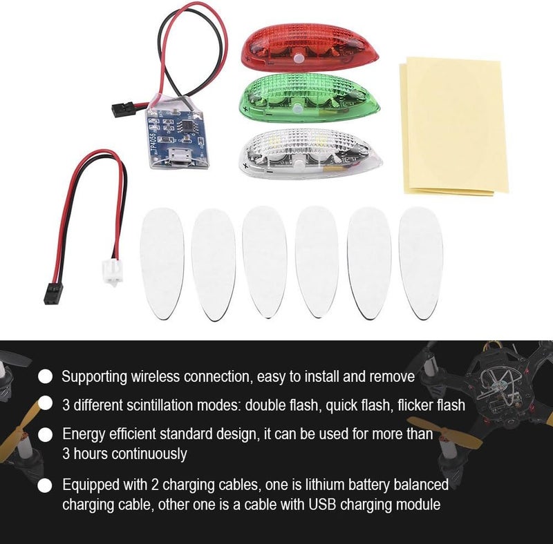 كلاراكو طقم إضاءة LED لاسلكي مكون من 3 قطع للطائرات بدون طيار، مناسب للطائرات والمروحيات والطائرات ذات الأجنحة الثابتة والطائرات الرباعية، أضواء طائرة بدون طيار على شكل قطرة ماء، وميض مزدوج/سريع/متقطع، أضواء LED وامضة باللون الأحمر والأخضر والأبيض - Image 5