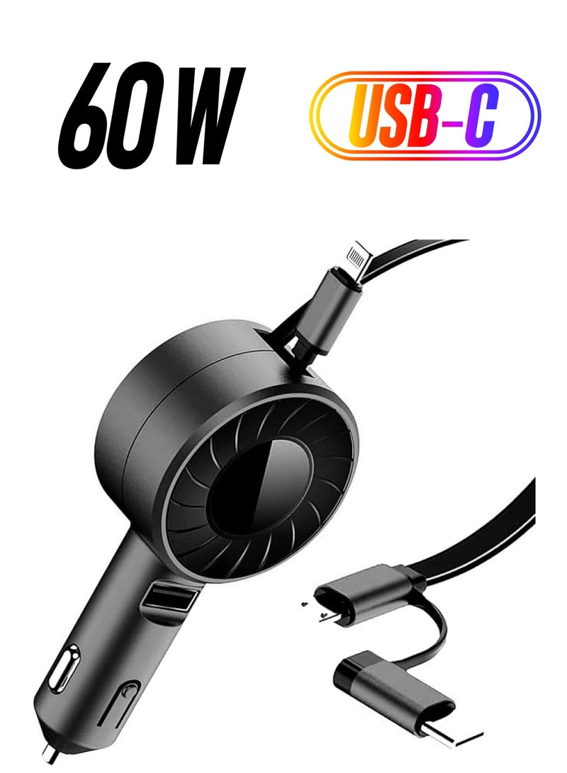 PROMASS 3 in 1 USB C Car Charger, 60W Super Fast Charger with Two Retractable Cables(2.62ft) USB Port Car Charger Adapter Type C/Android/IP & USB Interface for All Type Phones - Image 1