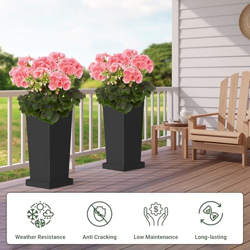 Toriexon Metal Tall Outdoor Planters Set of 2, 26 inch Durable Tall Planters with Rust-Proof Coating & Drainage Insert Shelve & Trays, Black Outdoor Planters for Porch, Garden, Patio, Yard - Image 3