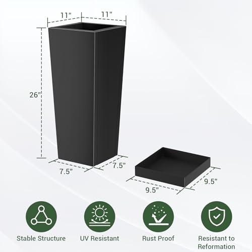 Toriexon Metal Tall Outdoor Planters Set of 2, 26 inch Durable Tall Planters with Rust-Proof Coating & Drainage Insert Shelve & Trays, Black Outdoor Planters for Porch, Garden, Patio, Yard - Image 2
