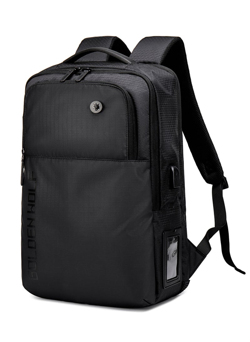 Golden Wolf Casual Lightweight School Laptop Bag Water-Resistant College Travel Backpack with USB Charging Port for Men and Women GB00399 Black - Image 1