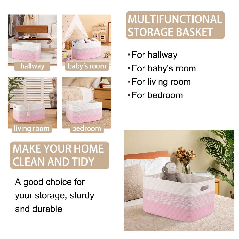 OIAHOMY Large Blanket Basket, 22â€x17â€x12â€ Rectangle Woven Baskets, Nursery Blanket Storage Living Room, Toy Storage With Handle, Large Baskets for Organizing - Pink/White - Image 4