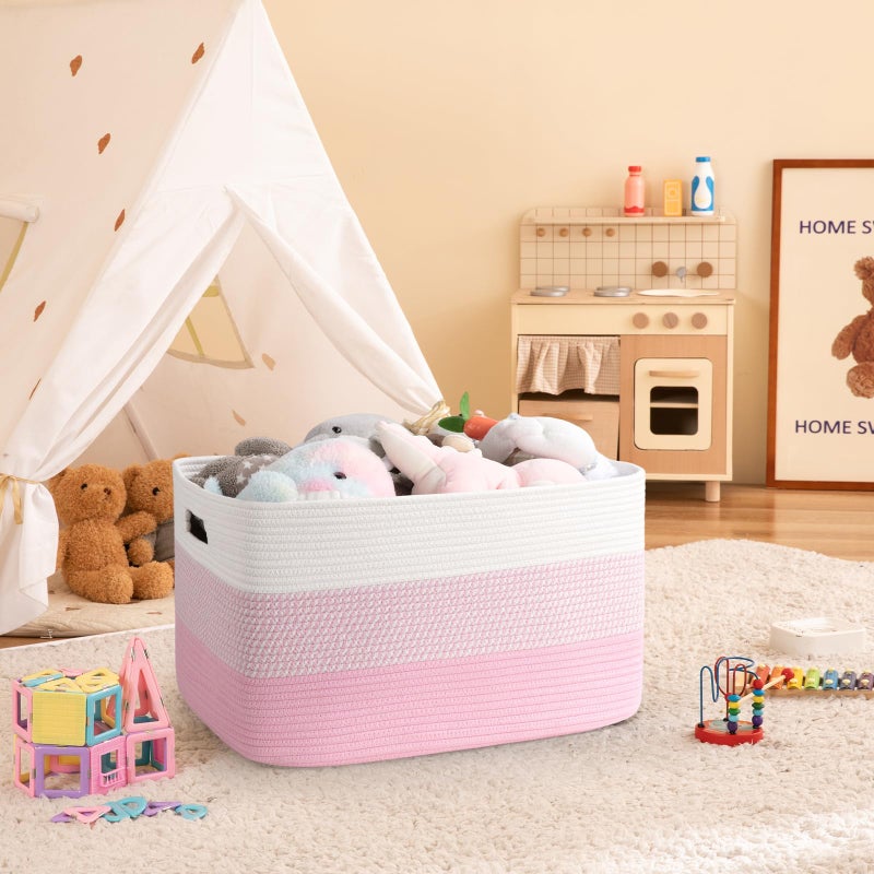 OIAHOMY Large Blanket Basket, 22â€x17â€x12â€ Rectangle Woven Baskets, Nursery Blanket Storage Living Room, Toy Storage With Handle, Large Baskets for Organizing - Pink/White - Image 2