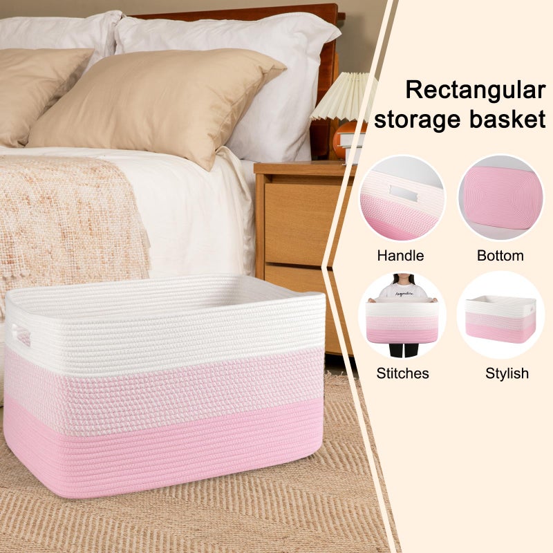 OIAHOMY Large Blanket Basket, 22â€x17â€x12â€ Rectangle Woven Baskets, Nursery Blanket Storage Living Room, Toy Storage With Handle, Large Baskets for Organizing - Pink/White - Image 5