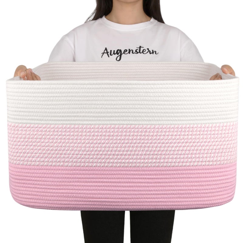OIAHOMY Large Blanket Basket, 22â€x17â€x12â€ Rectangle Woven Baskets, Nursery Blanket Storage Living Room, Toy Storage With Handle, Large Baskets for Organizing - Pink/White - Image 1
